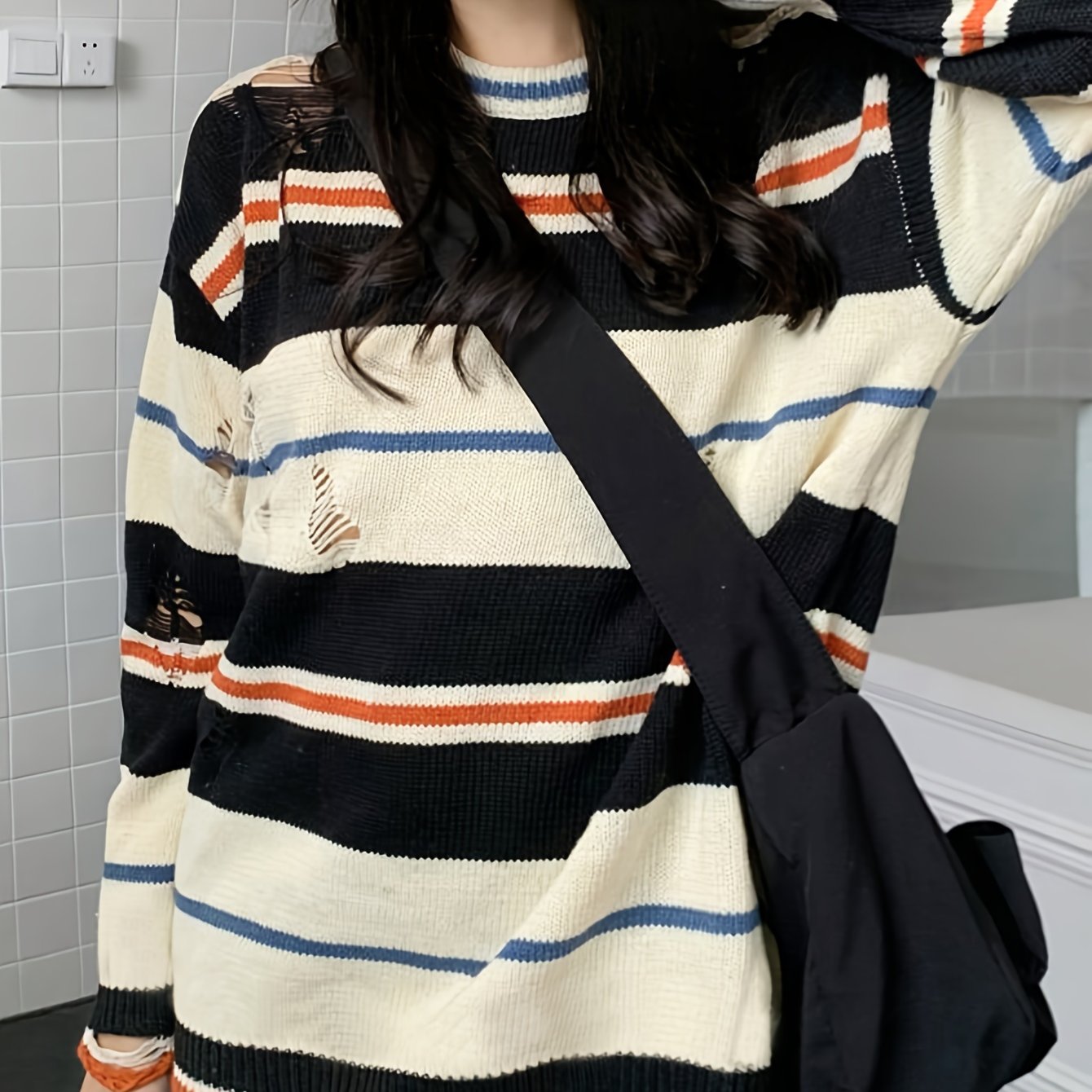 [Seasonal Fashion] Women's Casual Striped Ripped Knit Sweater - Long Sleeve, Round Neck Pullover in Black, White, and Orange, Distressed Detail, High-Stretch Polyester Blend