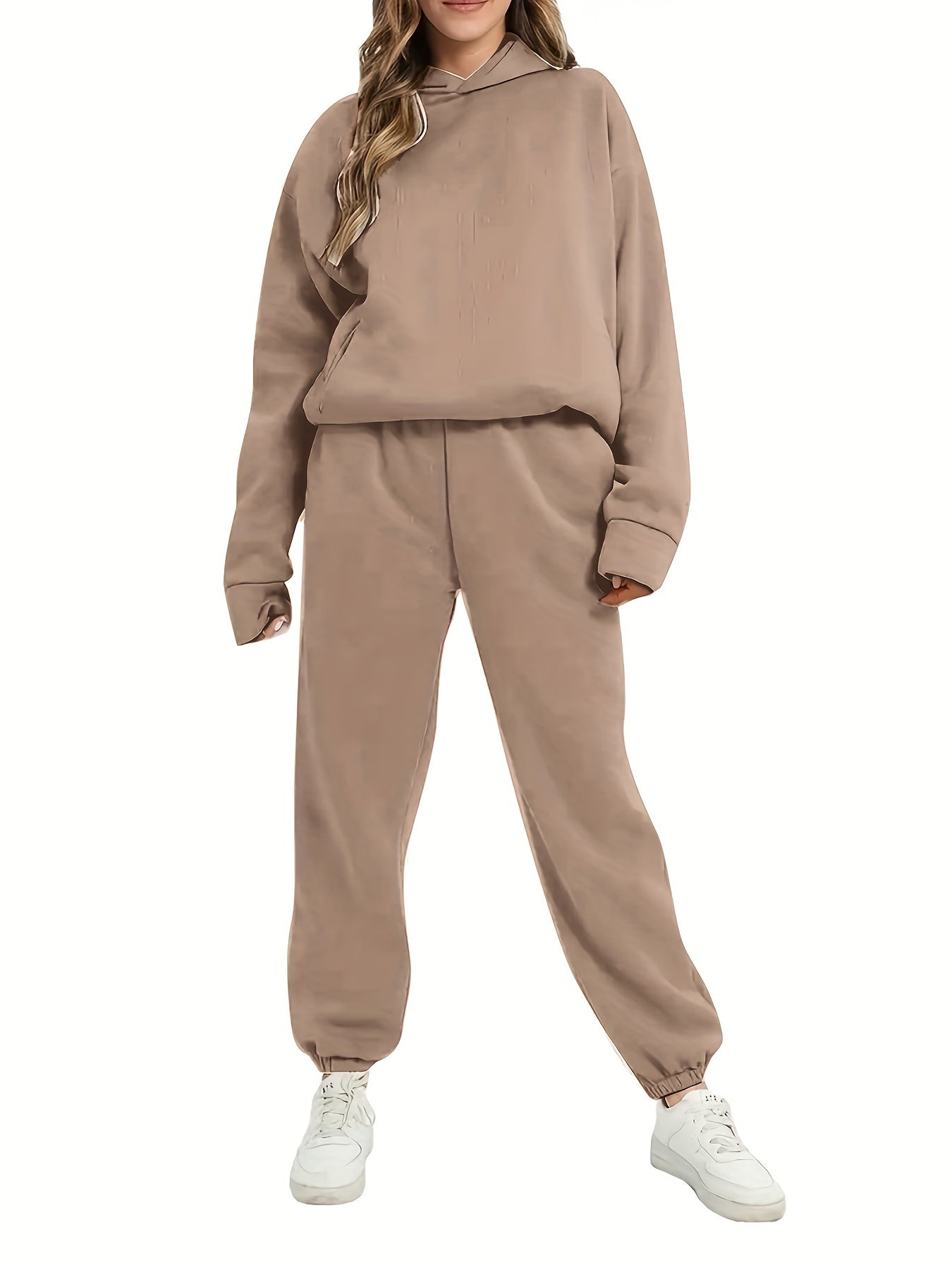 Two-piece Set, Solid Casual Kangaroo Pocket Hoodie and Elastic Waist Pants Outfits, Women's Clothing