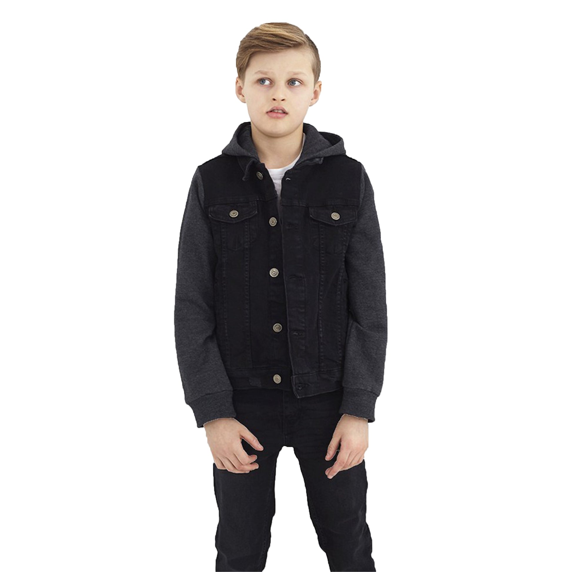 Kids Boys Cotton Denim Contrast Hooded Jacket-0