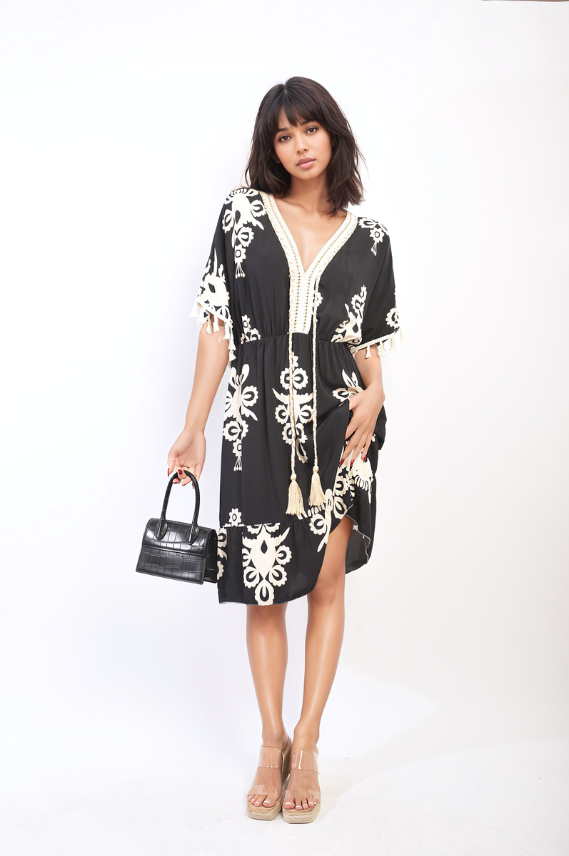 Printed V-Neck Short Sleeve Midi Dress with Tassel Detail-7