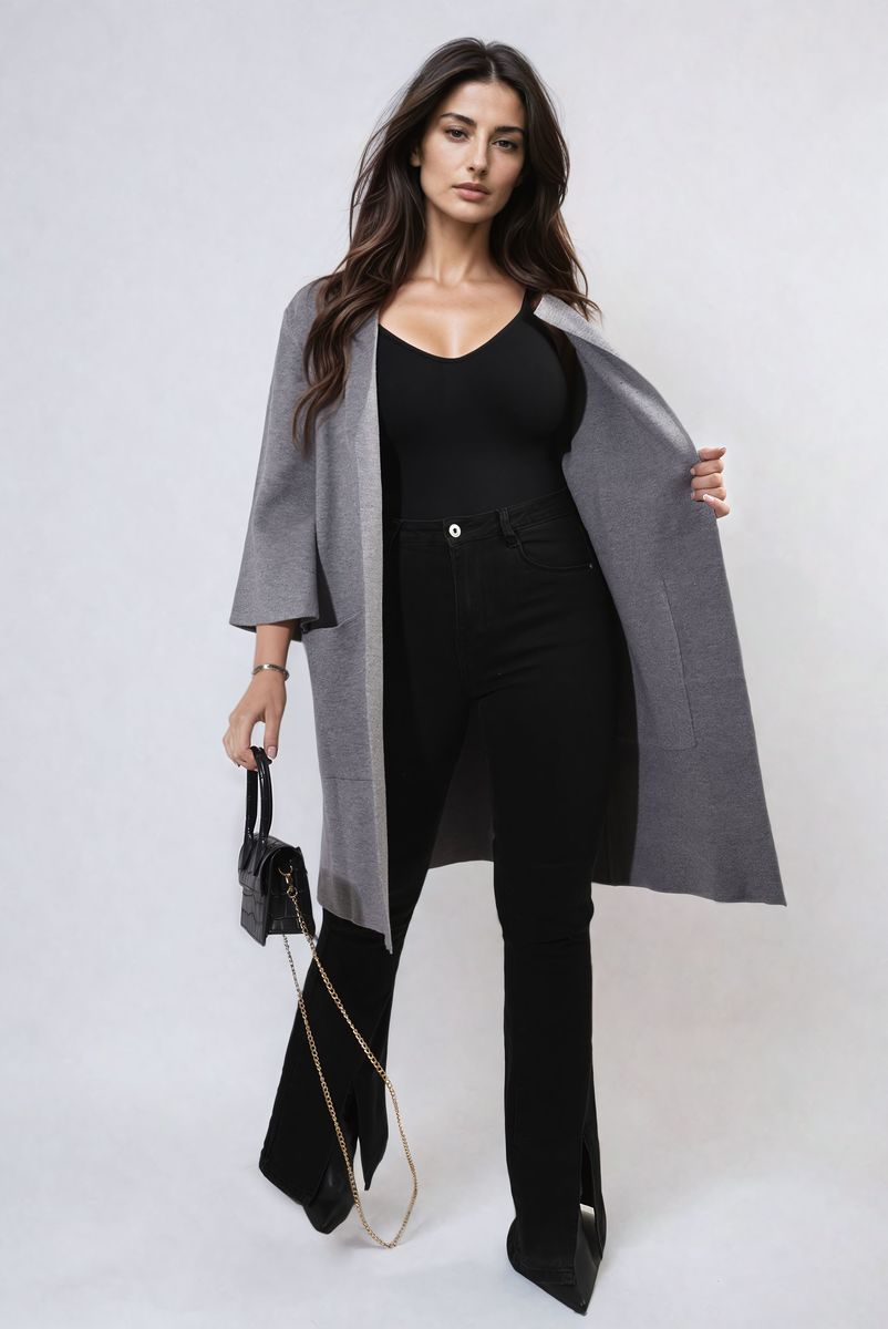 Open Front Longline Knitted Cardigan with Front Pockets-7