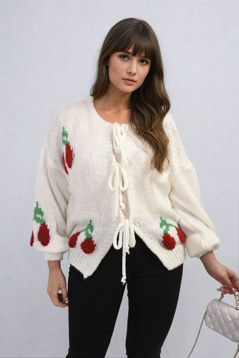 Tie Front Cherry Print Knitted Cardigan-4