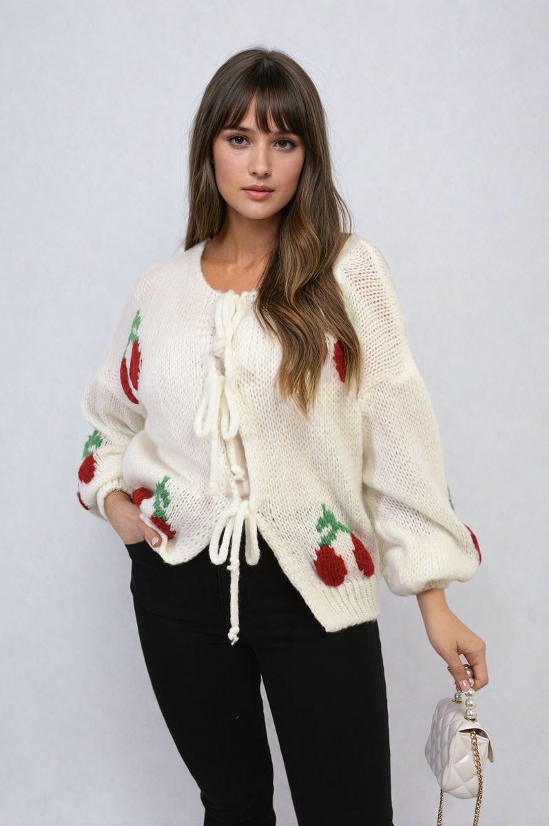 Tie Front Cherry Print Knitted Cardigan-5