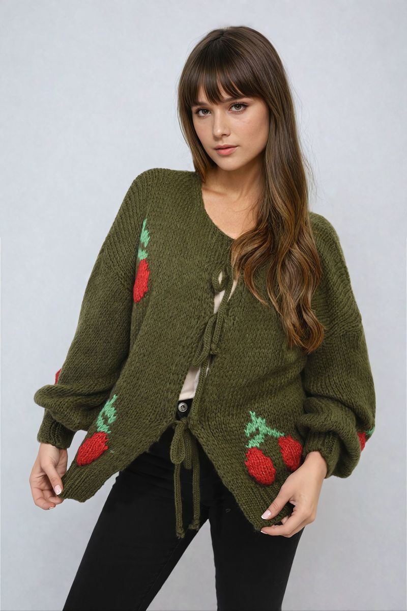 Tie Front Cherry Print Knitted Cardigan-2