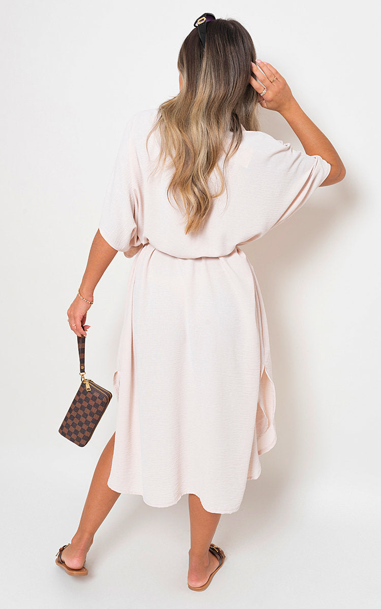 Button Down Collared Midi Dress with Two Front Pockets-9