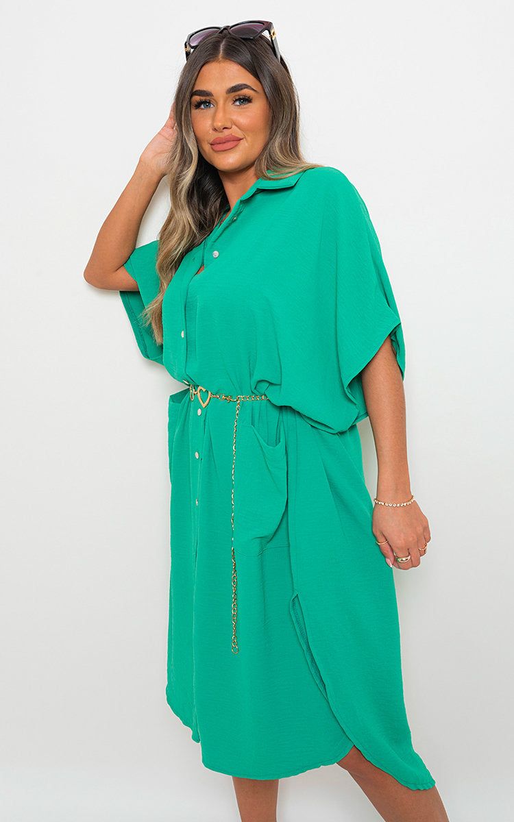 Button Down Collared Midi Dress with Two Front Pockets-7