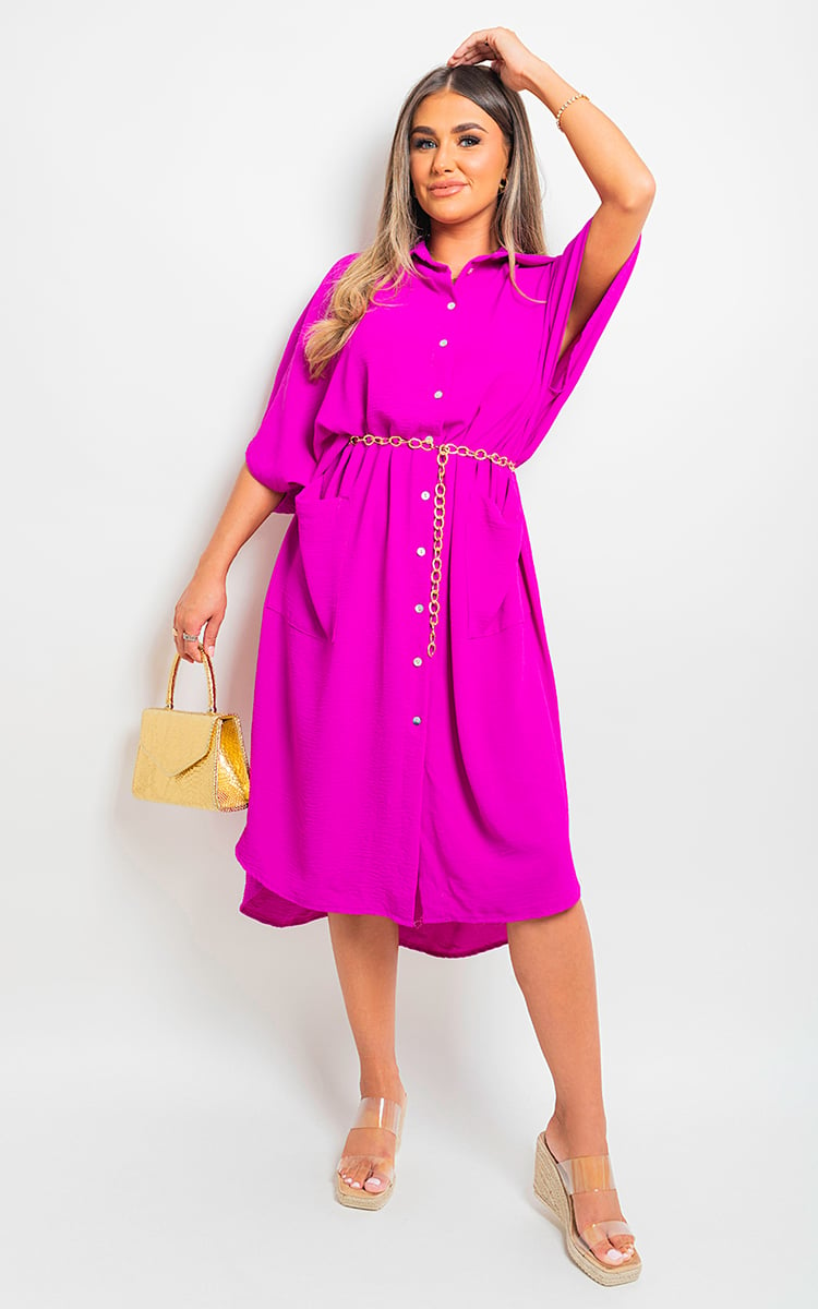 Button Down Collared Midi Dress with Two Front Pockets-11