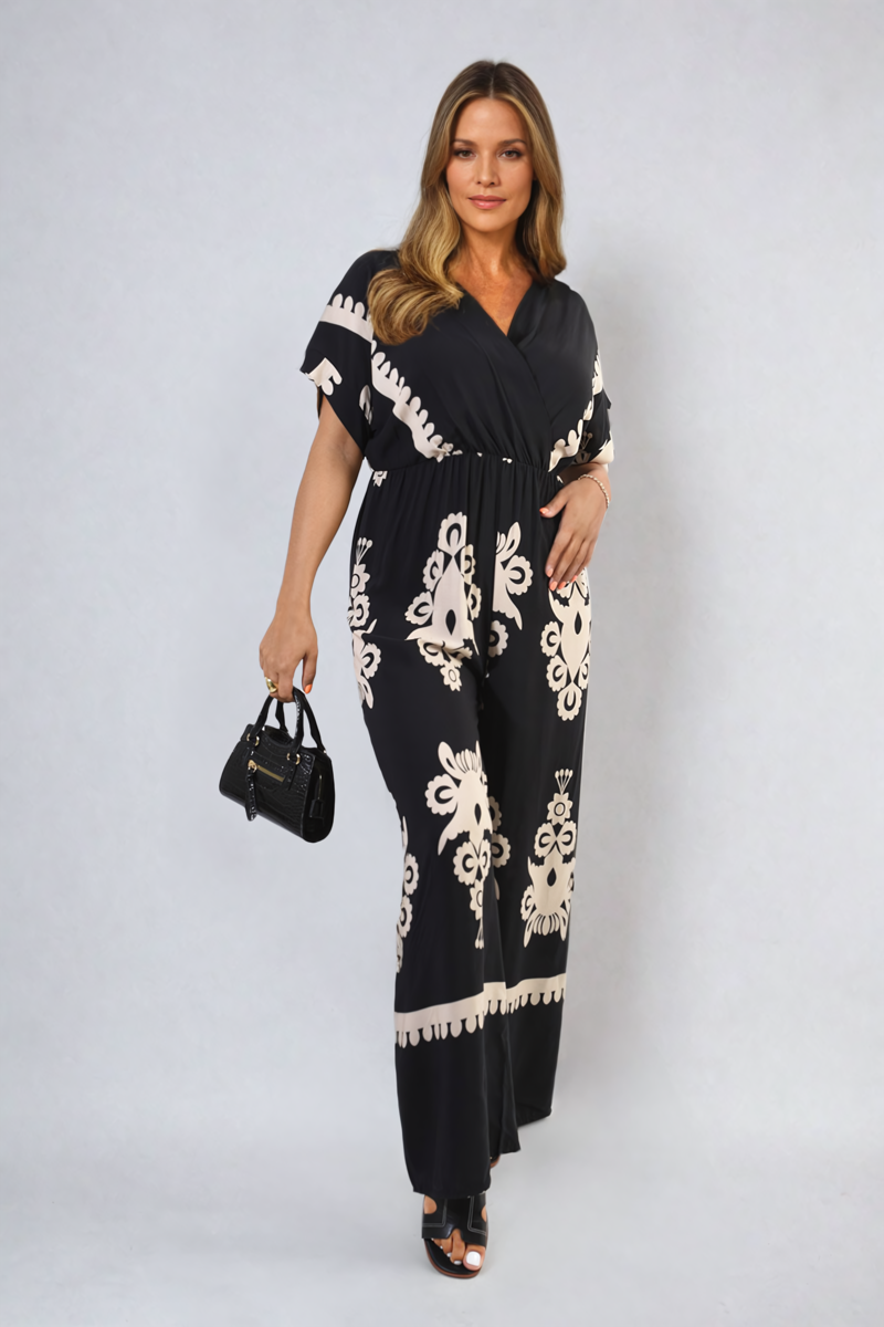 Printed Cross Front Wide Leg Jumpsuit-2