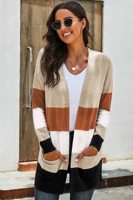 Khaki Open Front Colorblock Cardigan with Pockets-1