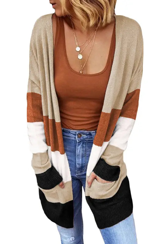 Khaki Open Front Colorblock Cardigan with Pockets-4