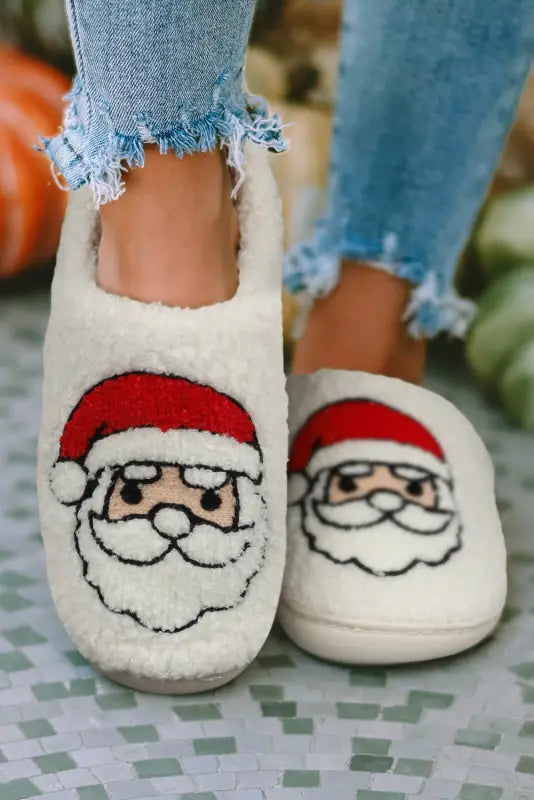 White Christmas Santa Clause Graphic Plush Slippers-0