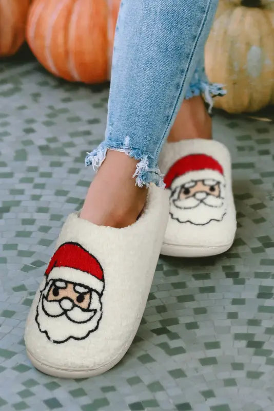 White Christmas Santa Clause Graphic Plush Slippers-2