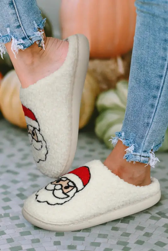 White Christmas Santa Clause Graphic Plush Slippers-3